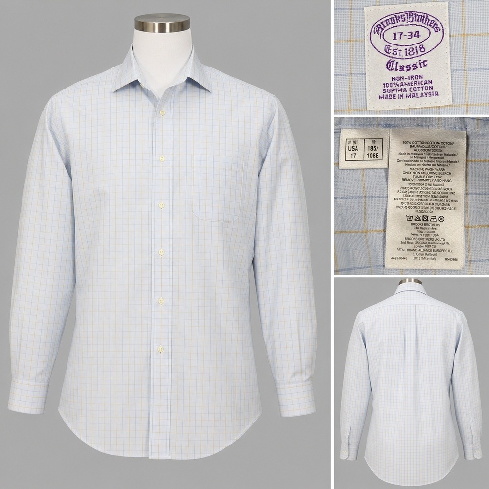 Brooks Brothers 1818 Classic Non-Iron‎ Supima Cotton Shirt 17-34 Blue Check